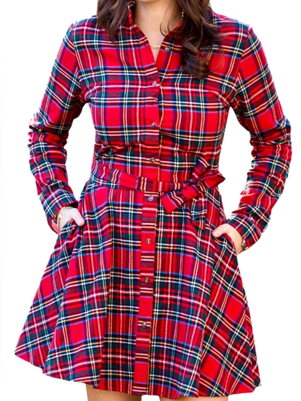 Kiel James Patrick Cozy Cabin Flannel Red Plaid Shirt Mini Dress with Waist Tie - Picture 2 of 6